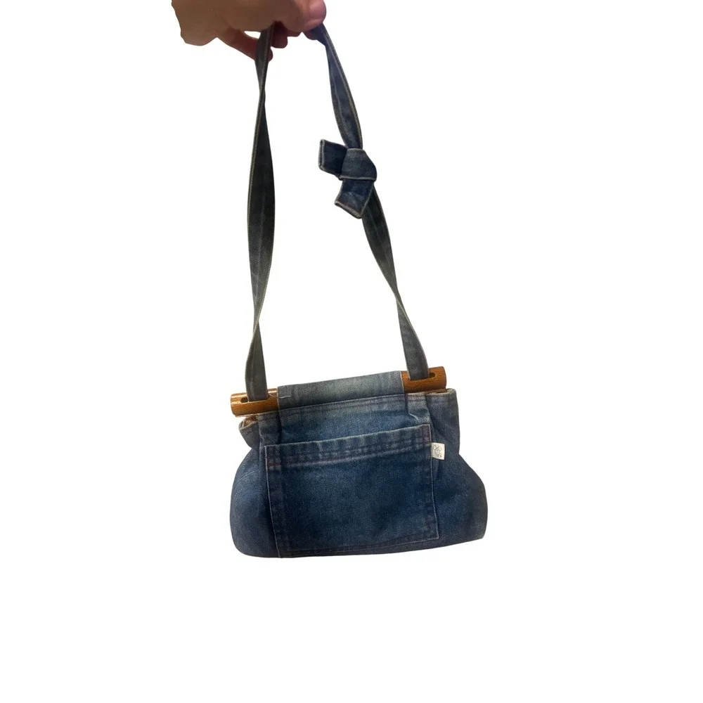 The Mouse Housery Vintage Denim Handbag Wood Handle Quilted Angel Lining Blue